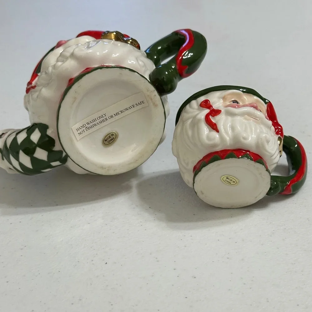 Ciao Claus Santa Harlequin Tea Set Ceramic Teapot & Cup Christmas Seasonal Decor